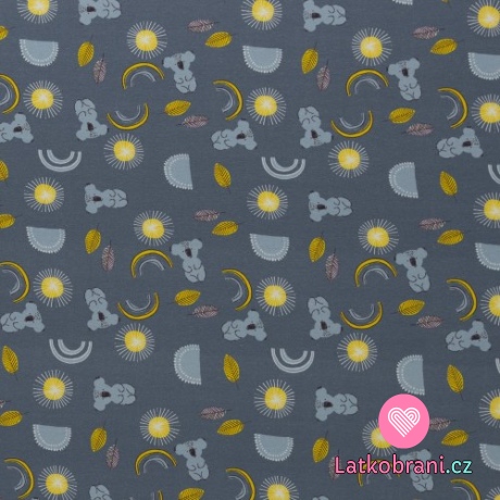 Úplet potisk koaly mezi sluníčky, lístečky a duhami na šedé