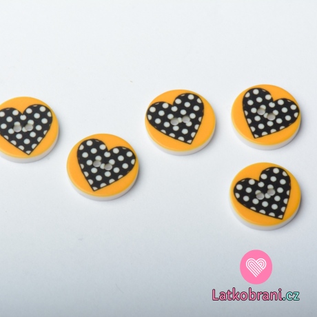 Knoflík kulatý, dětský, žlutý s puntíkatým srdíčkem