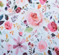 Úplet potisk malované květy na bílé, BIO