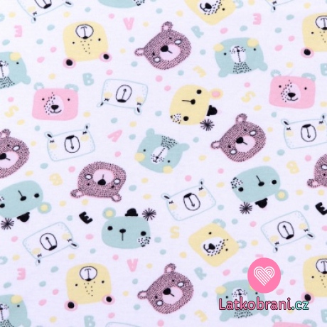 Bavlněný oboulícní úplet potisk medvídci do žluta na smetanové