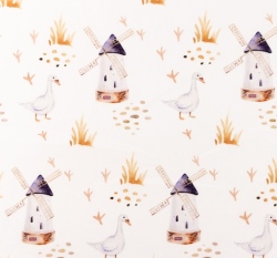 Popelín husa a větrný mlýn na bílé 