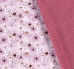 Softshell potisk růžové květy na světle růžové s fleecem