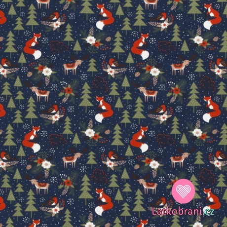 Úplet potisk zvířátka v lese mezi vločkami na modré