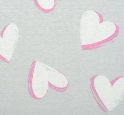 Bavlněný jednolícní úplet potisk srdce na šedé