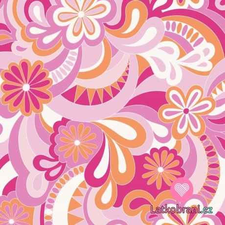 Viskózový úplet růžové květiny na bílé 