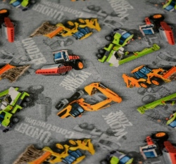 Úplet potisk pracovní stroje bagry a nákladní auta na šedé