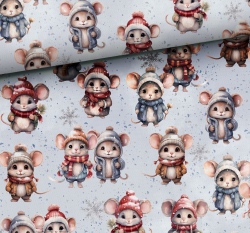 Teplákovina potisk roztomilé myšky v kulíšcích na modré