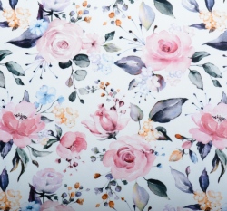 Teplákovina potisk rozkvétající růže na bílé