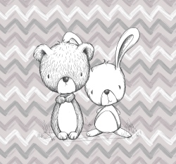 Bavlněný panel medvídek a zajíček na šedo - bílém chevronu