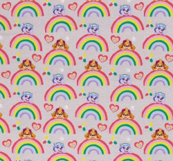 Teplákovina potisk Tlapková patrola mezi barevnými duhami, lehce počesaná