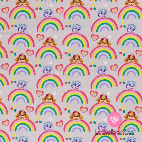 Teplákovina potisk Tlapková patrola mezi barevnými duhami, lehce počesaná