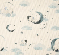 Bavlněný vaflový úplet potisk modří spící sloníci na obloze