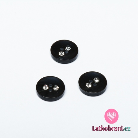 Knoflík kulatý, lesklý, černý s dvěma kamínky