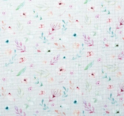 Dvojitá gázovina / mušelín květy s větvičkami na šedo-fialkové