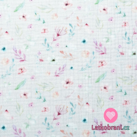 Dvojitá gázovina / mušelín květy s větvičkami na šedo-fialkové