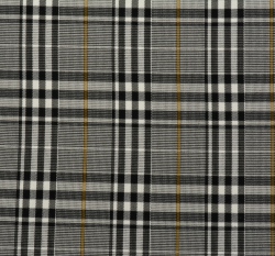 Kostýmová látka černobílá kostka s okrovým lemováním