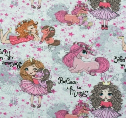 Teplákovina potisk princezny s jednorožci na šedé