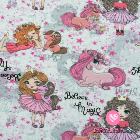 Teplákovina potisk princezny s jednorožci na šedé