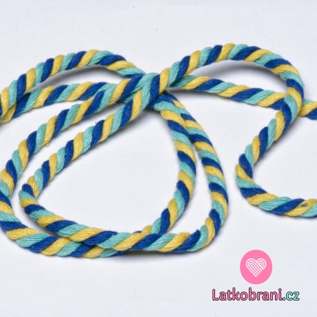 Šňůra bavlněná kroucená 6mm Modrá/Mint/Žlutá