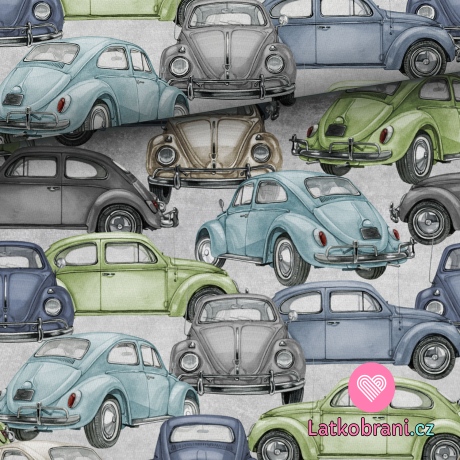 Úplet potisk retro auta (brouci) na šedé 