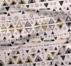 Teplákovina potisk trojúhelníky, puntíky a pomlčky na béžové