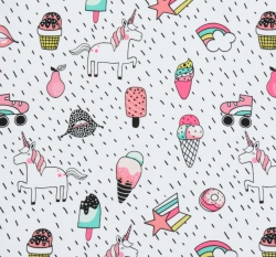 Úplet potisk neonoví jednorožci mezi zmrzlinami na bílé