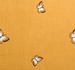 Dvojitá gázovina / mušelín okrový s výšivkou motýla