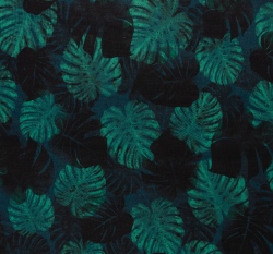 Bavlněná halenkovina potisk tropické listy na petrolejové