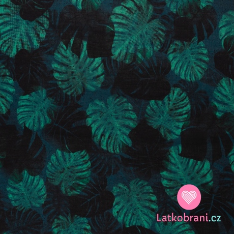 Bavlněná halenkovina potisk tropické listy na petrolejové