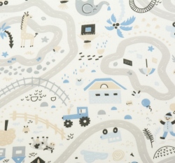 Bavlněný úplet potisk modrý vláček na smetanové