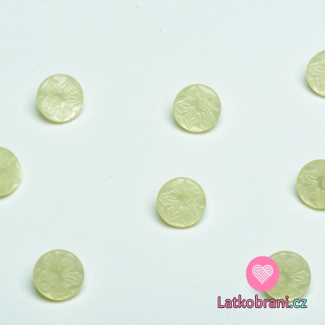 Knoflík kulatý, lesklý s vyrytým ornamentem kytičky žlutý