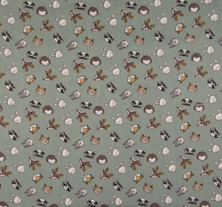Bavlněný popelín potisk hlavičky lesních zvířátek na zaprášené zelené