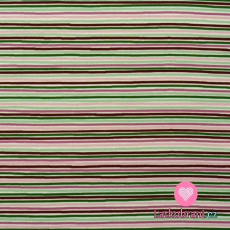 Úplet potisk zelené a růžové proužky na bílé 