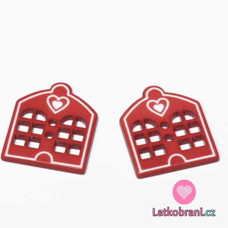 Knoflík ve tvaru domečku se srdíčkem červený