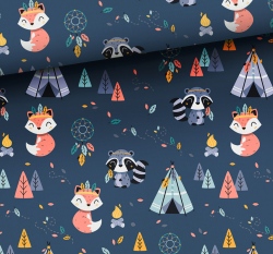 Teplákovina liška indiánka a mýval indián táboří v týpí na tmavě modré