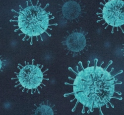 Bavlněné plátno tyrkysový virus na tmavě modrém podkladu