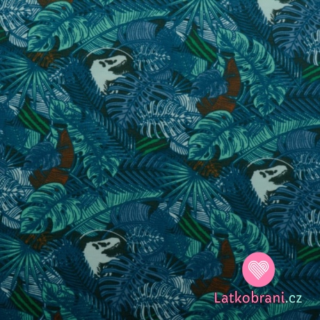 Úplet potisk Tyrannosaurus rex z Jurského světa mezi modrými listy