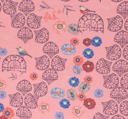 Viskózový úplet potisk retro ptáčci v zahradě na růžové