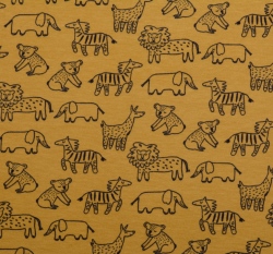 Teplákovina počesaná potisk safari zvířátka na okrové, BIO