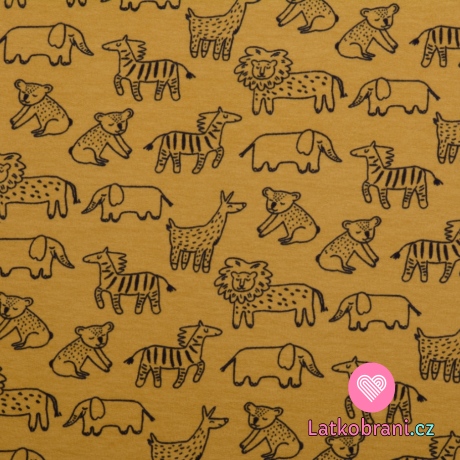 Teplákovina počesaná potisk safari zvířátka na okrové, BIO