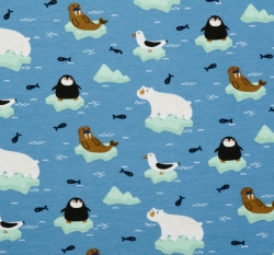 Teplákovina počesaná potisk polární zvířata na modré