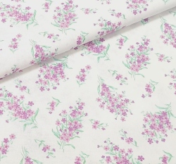 Bavlněné plátno fialkovo - růžové květy na bílé