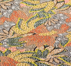 Úplet potisk viskózový abstraktní květy limetko-zelená s prvky starorůžové