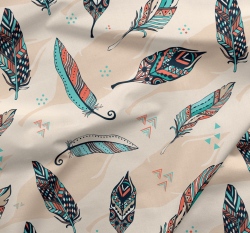 Softshell potisk oranžovo - tyrkysová peříčka na krémové