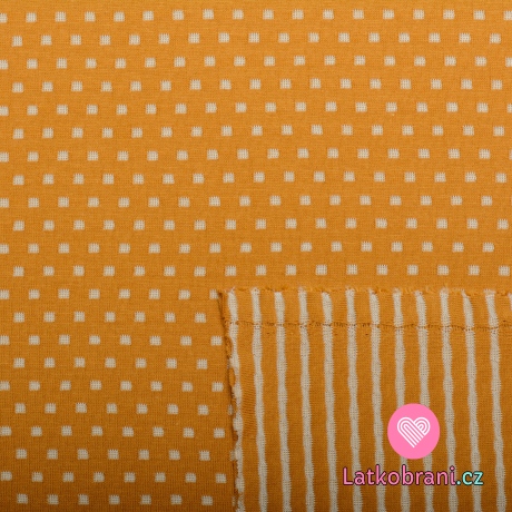 Úplet oboustranný okrový s ecru proužky/čtverečky 