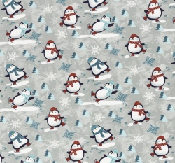 Teplákovina počesaná potisk tučňáci na bruslích na šedé