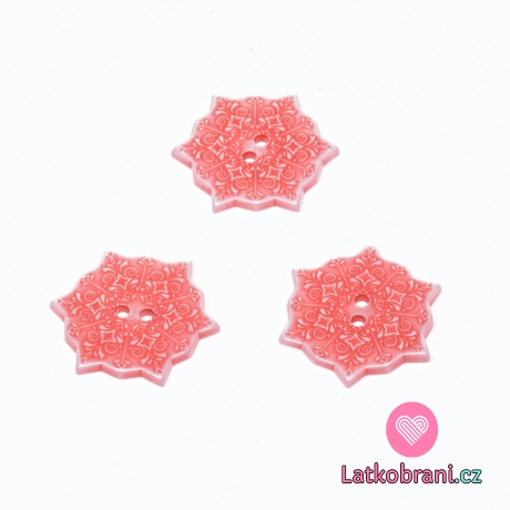 Knoflík tvar vločky červený, potisk mandala