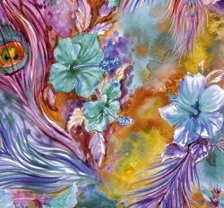 Úplet potisk exotické květiny a paví peří do fialova