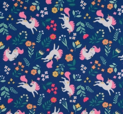 Softshell s fleecem potisk jednorožci mezi kvítky na modré