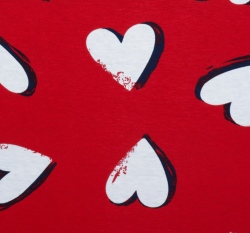 Bavlněný jednolícní úplet potisk srdce na červené